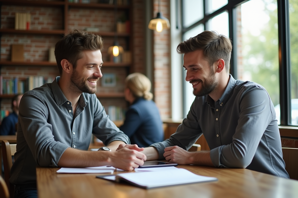 Jeune homme discutant avec un mentor au café