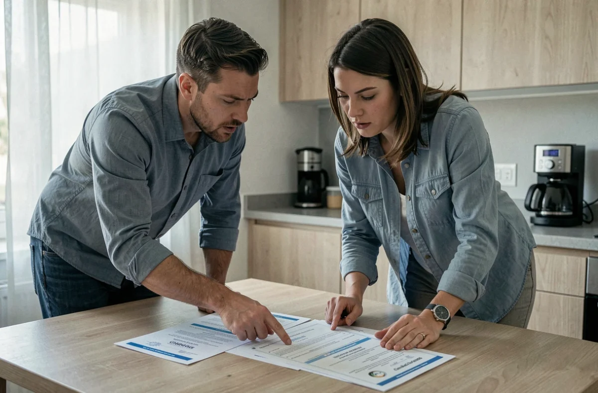 Deux adultes discutant des documents d'une formation bricolage certifiante posés sur une table, analysant les conditions d'inscription avant de s'engager