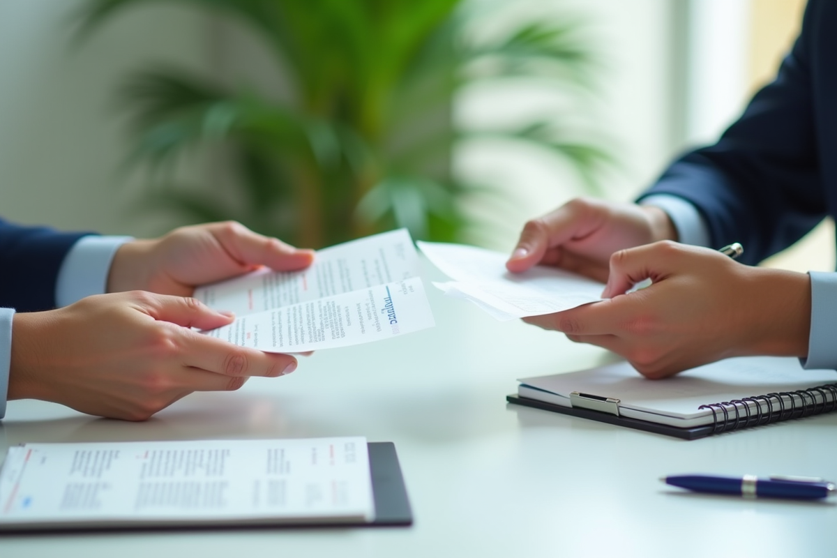 Deux mains échangeant des CV en français et en anglais sur une table lumineuse