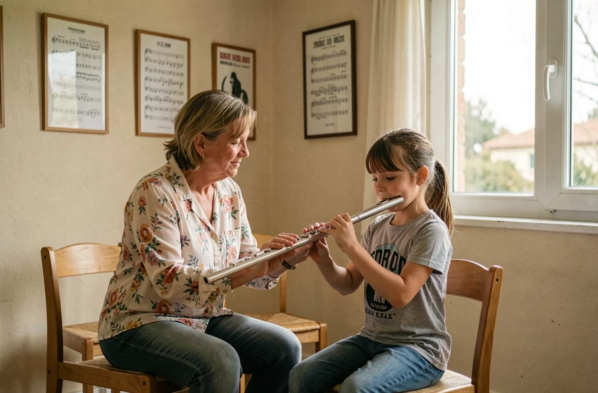 Une professeure de flûte et son élève en cours individuel à l'École de musique MDF de Caux