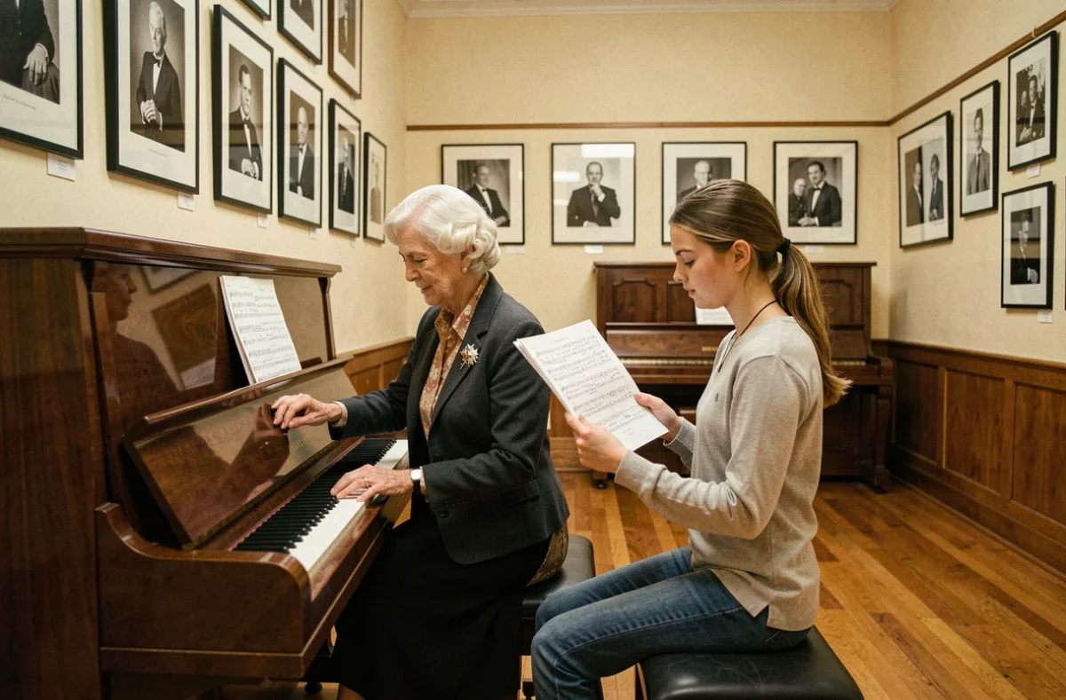 La directrice de l'École de musique Suzanne Jaymes guidant une élève au piano dans une salle au décor classique