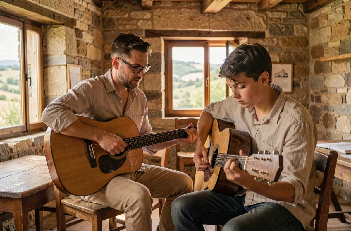 Un professeur de guitare et son élève adolescent dans la salle de cours de l'École de musique Vallée de l'Hérault