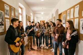Des élèves de différents âges dans le couloir d'une école de musique de l'Hérault, tenant leurs instruments et discutant joyeusement
