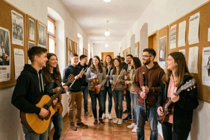 Des élèves de différents âges dans le couloir d'une école de musique de l'Hérault, tenant leurs instruments et discutant joyeusement