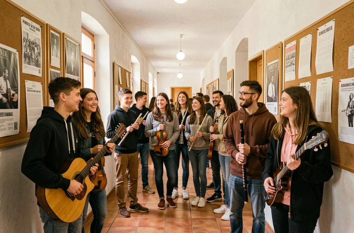 Des élèves de différents âges dans le couloir d'une école de musique de l'Hérault, tenant leurs instruments et discutant joyeusement