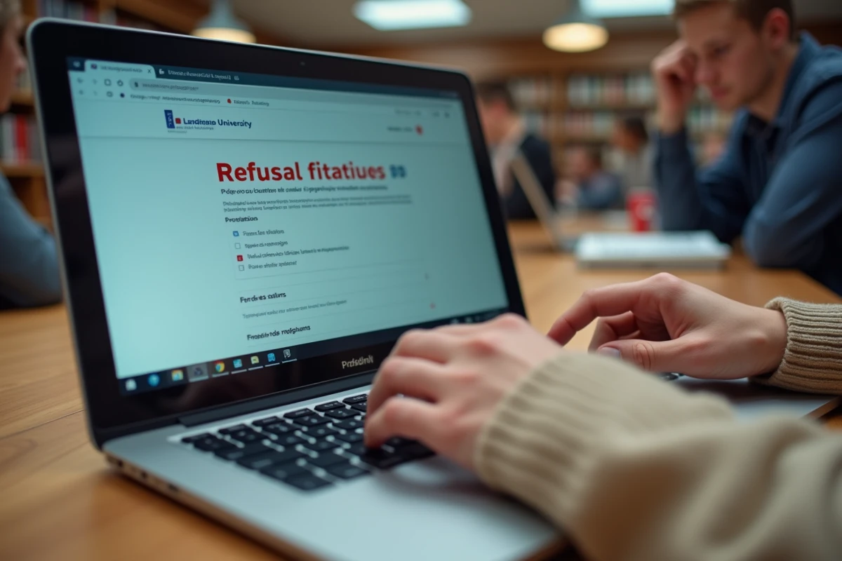 Écran d'ordinateur affichant un refus de candidature sur une plateforme universitaire eCandidat