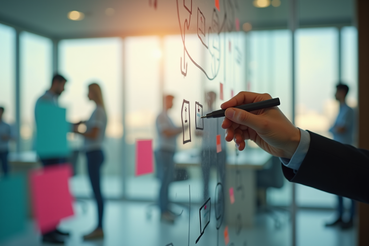 Main écrivant des objectifs sur un tableau blanc en réunion