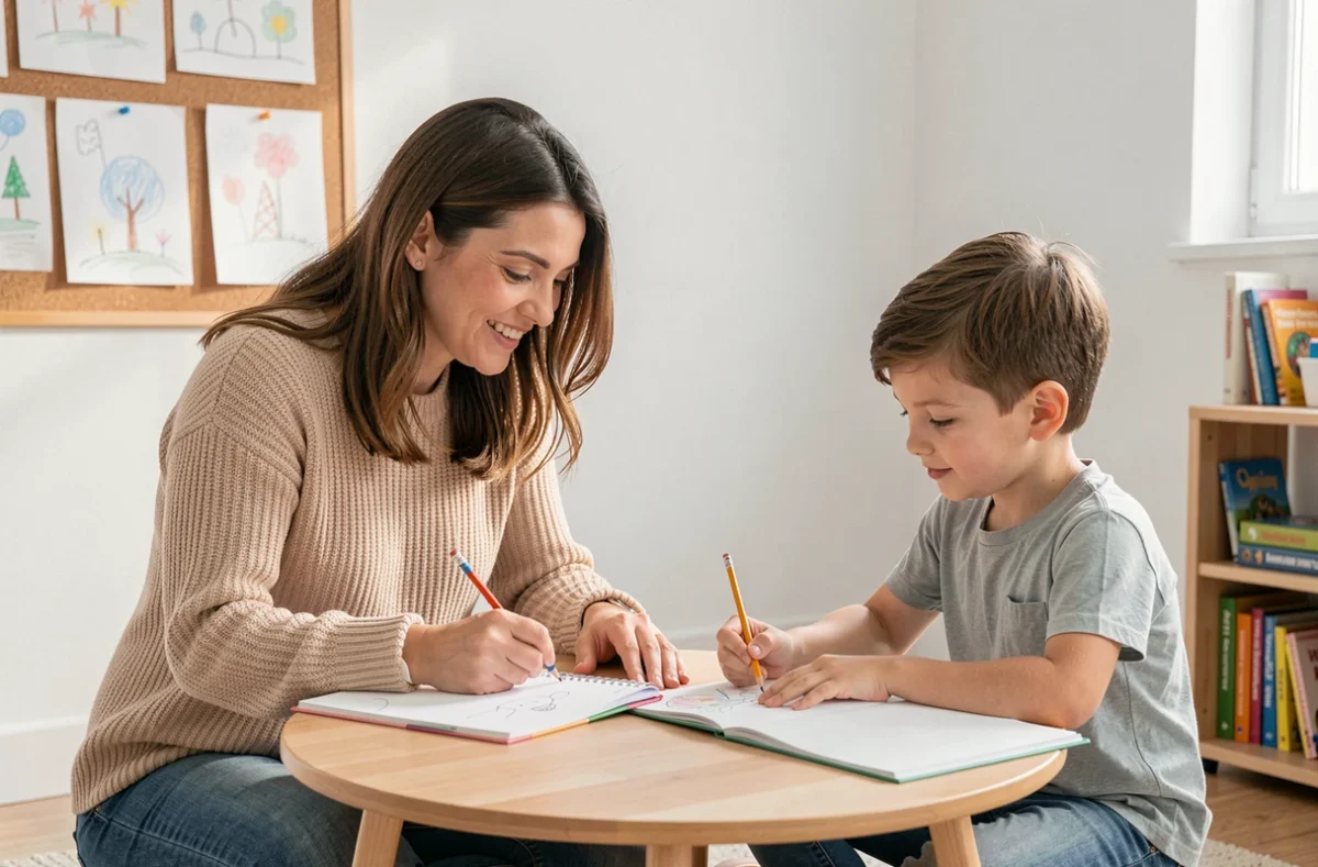 Éducatrice et enfant partageant une activité créative dans un contexte d'école alternative, illustrant les signaux positifs du bien-être infantile