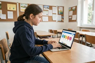 Élève de collège utilisant un ENT sur un ordinateur portable en salle de classe