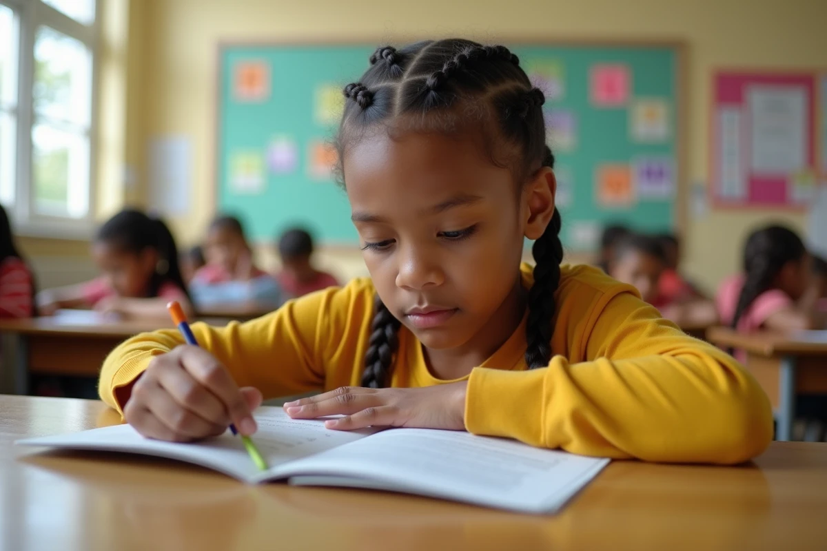 Jeune écolière lisant un texte Fluence à voix haute à son bureau en classe primaire