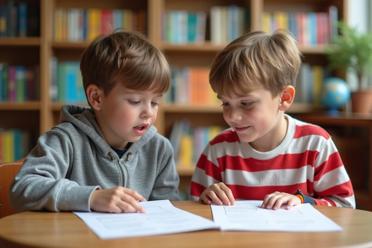 Deux élèves du primaire s'entraînant à la lecture Fluence ensemble dans une bibliothèque scolaire
