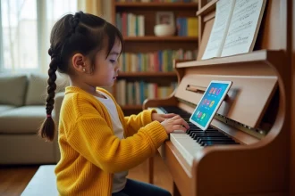 Jeune fille apprenant le piano en ligne sur tablette avec une application éducative colorée dans un salon chaleureux