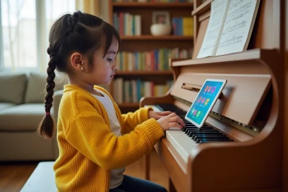 Jeune fille apprenant le piano en ligne sur tablette avec une application éducative colorée dans un salon chaleureux