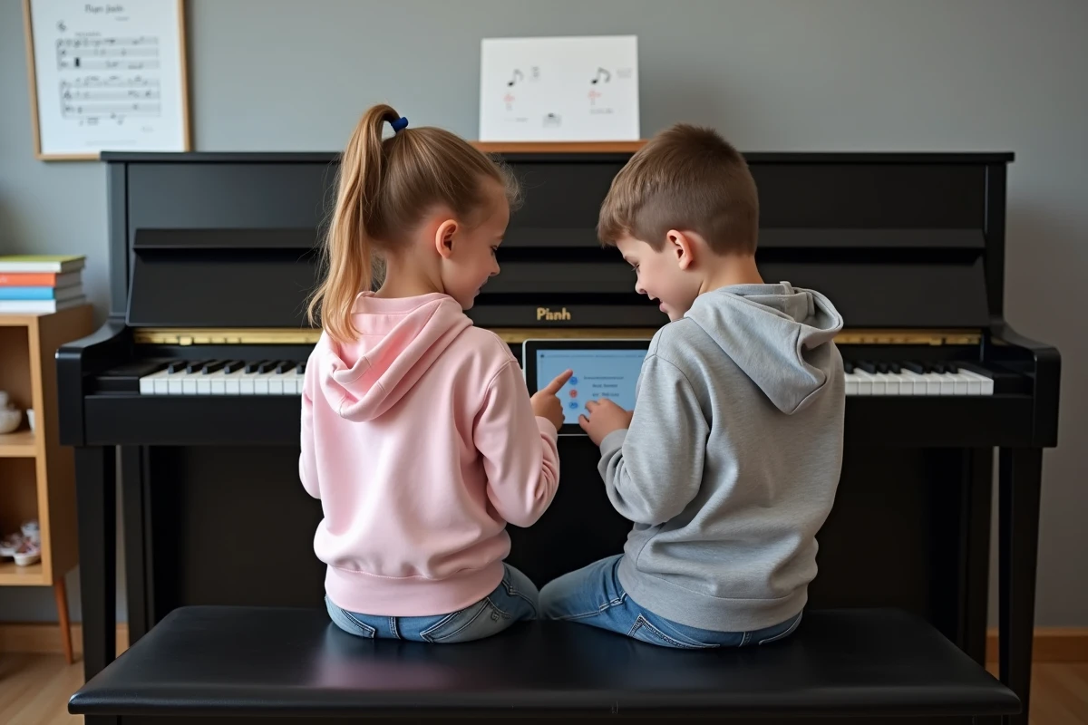 Deux enfants apprenant ensemble le piano en ligne sur tablette dans une salle de musique avec un piano droit noir