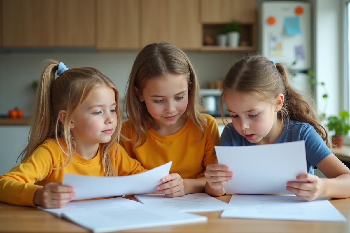 Trois enfants lisant ensemble &agrave; la maison