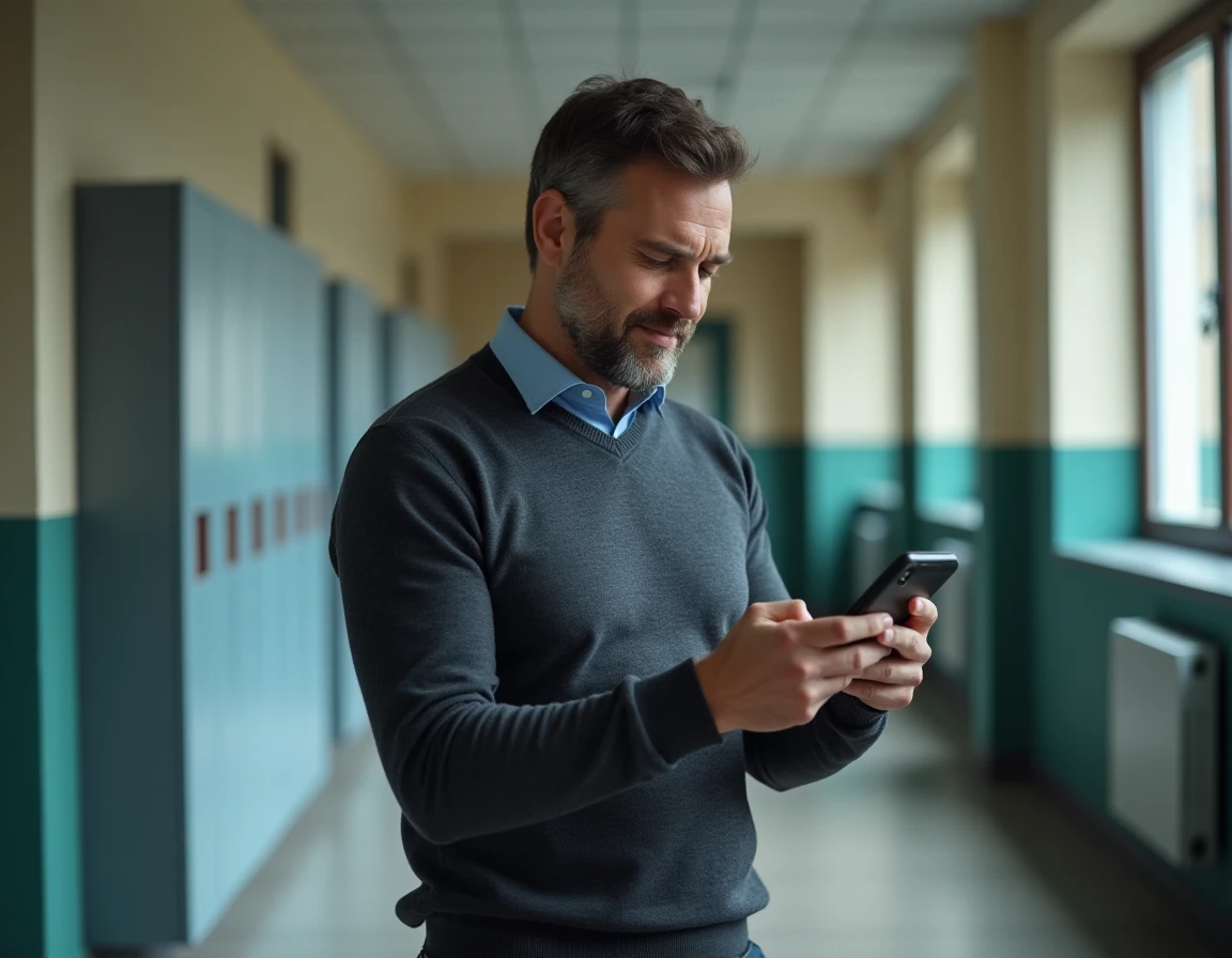 Enseignant consultant son téléphone pour accéder à son espace numérique académique dans un couloir scolaire