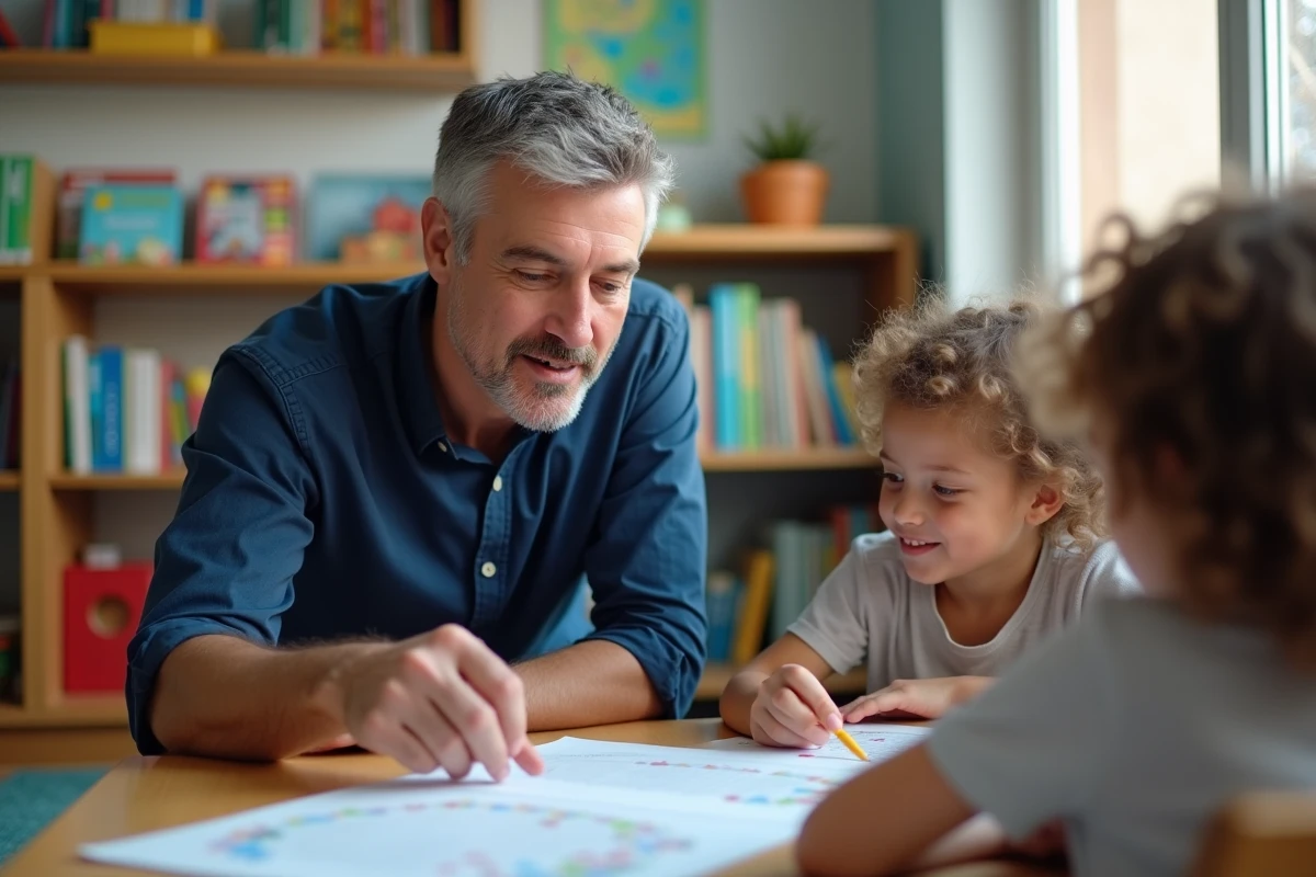 Enseignant du primaire guidant un élève dans un exercice de lecture Fluence en petit groupe