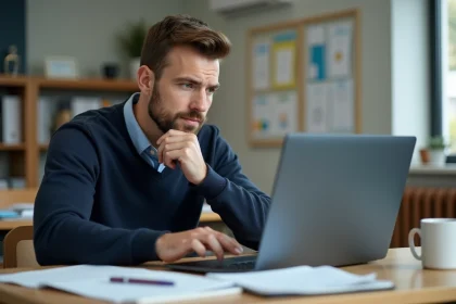 Jeune enseignant au bureau regardant son ordinateur