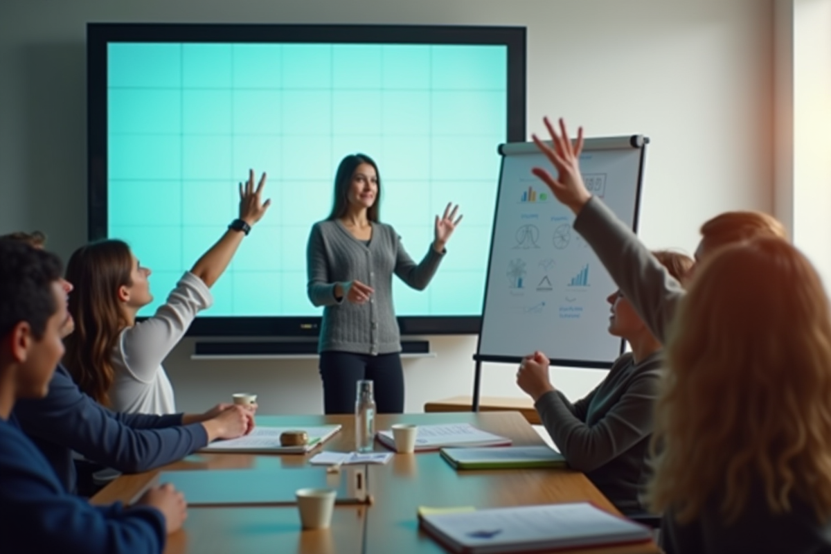 Enseignant utilisant un tableau numérique avec des élèves enthousiastes