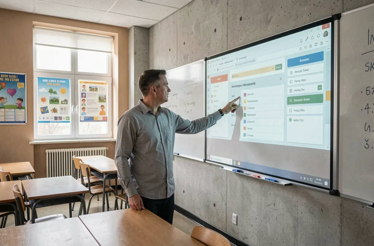 Enseignant présentant la plateforme numérique Entauvergne dans une salle de classe de lycée