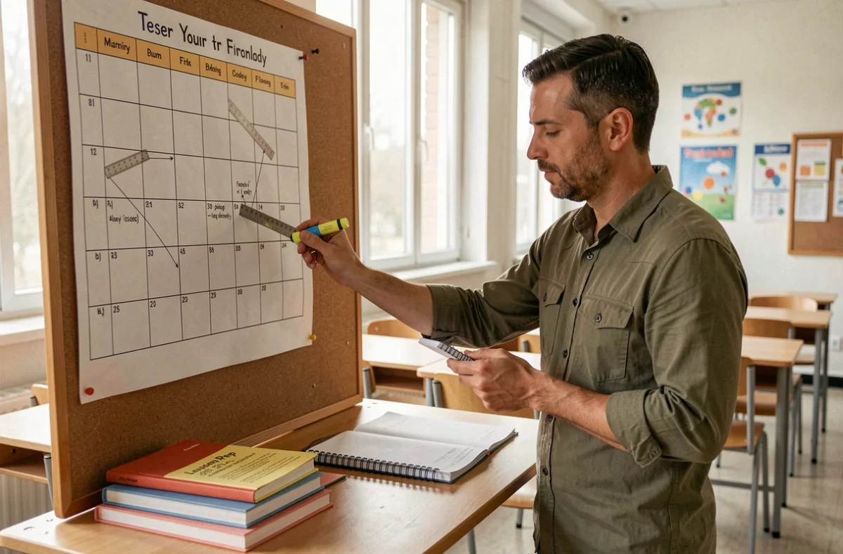 Enseignant debout consultant sa programmation annuelle affichée sur un tableau liège avec ses cahiers de préparation ouverts