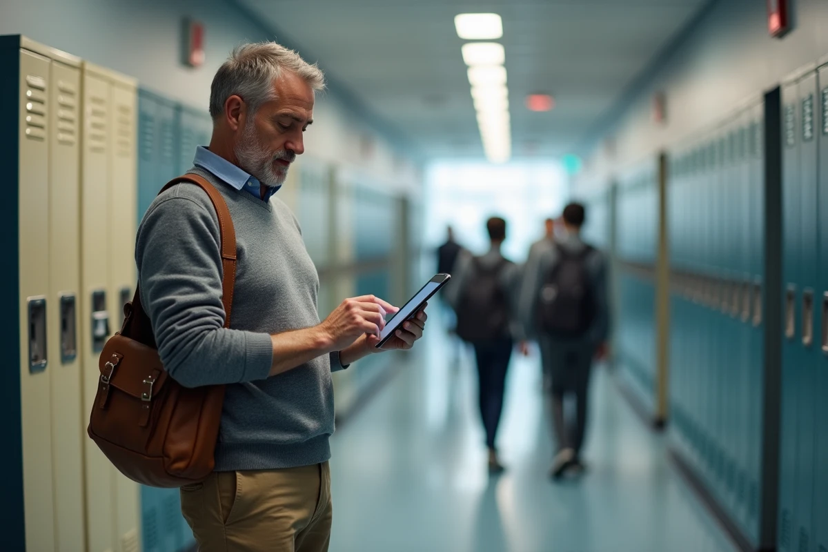 Enseignant consultant l'ENT Normandie sur une tablette dans le couloir d'un établissement scolaire
