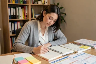 Enseignante écrivant dans son cahier de préparation à son bureau organisé avec des fiches colorées et des programmations imprimées