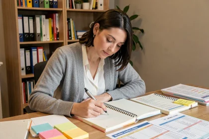 Enseignante écrivant dans son cahier de préparation à son bureau organisé avec des fiches colorées et des programmations imprimées