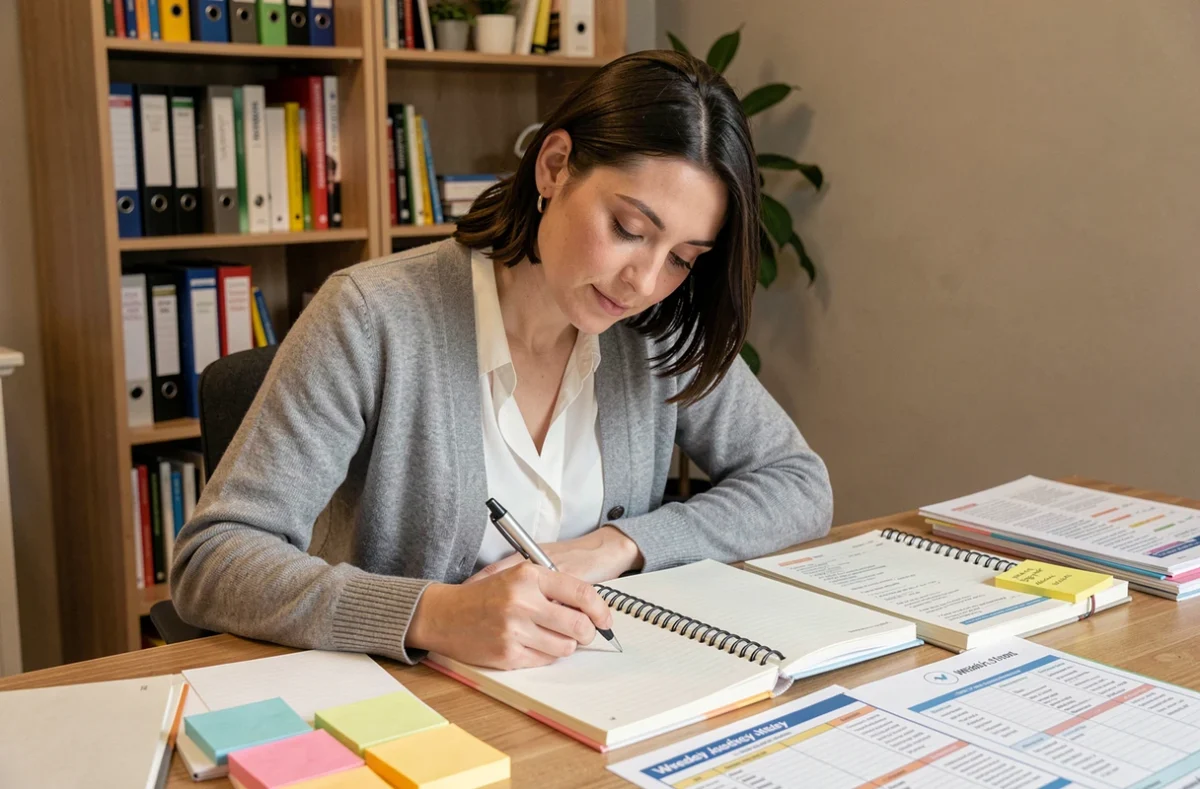 Enseignante écrivant dans son cahier de préparation à son bureau organisé avec des fiches colorées et des programmations imprimées