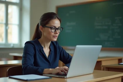 Enseignante utilisant le portail ENT Île-de-France sur son ordinateur portable dans une salle de classe moderne