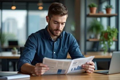 Entrepreneur en chemise bleue lisant un magazine business à son bureau dans un espace de travail moderne