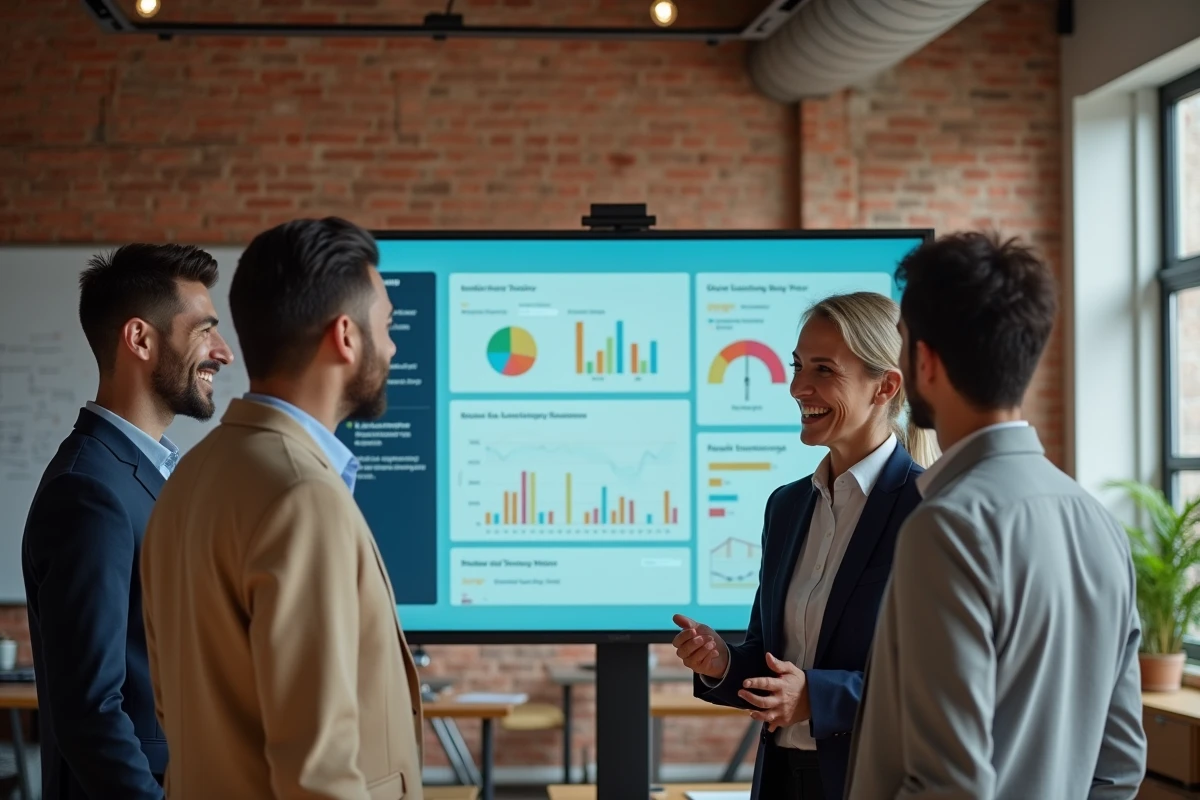 Équipe de collaborateurs discutant d'une plateforme de formation en ligne en espace de coworking