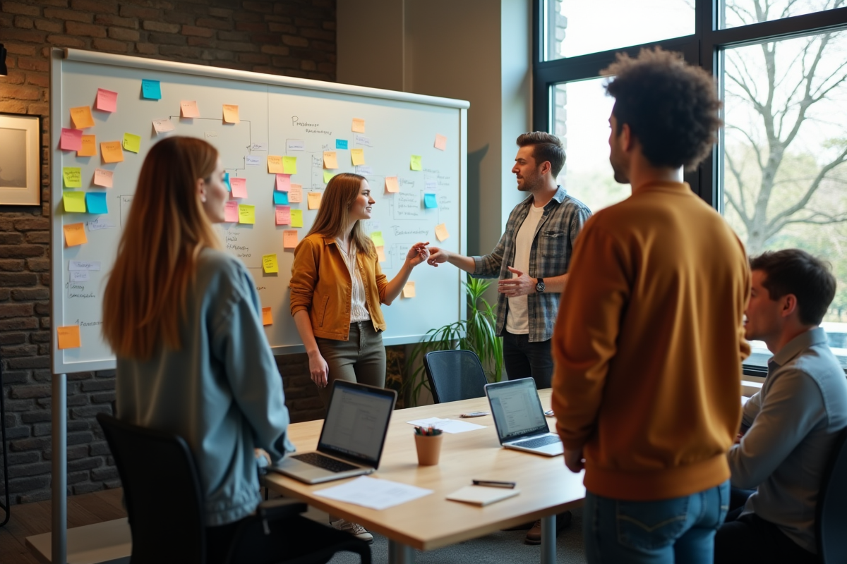 Équipe diverse autour d