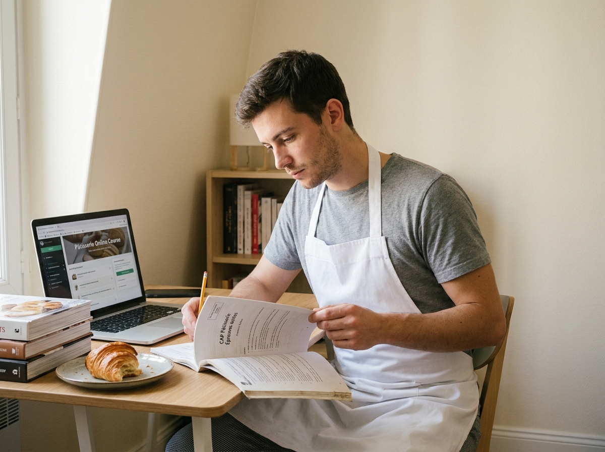 Jeune homme étudiant seul pour le CAP pâtisserie en candidat libre avec un livret d'examen et un cours en ligne sur ordinateur