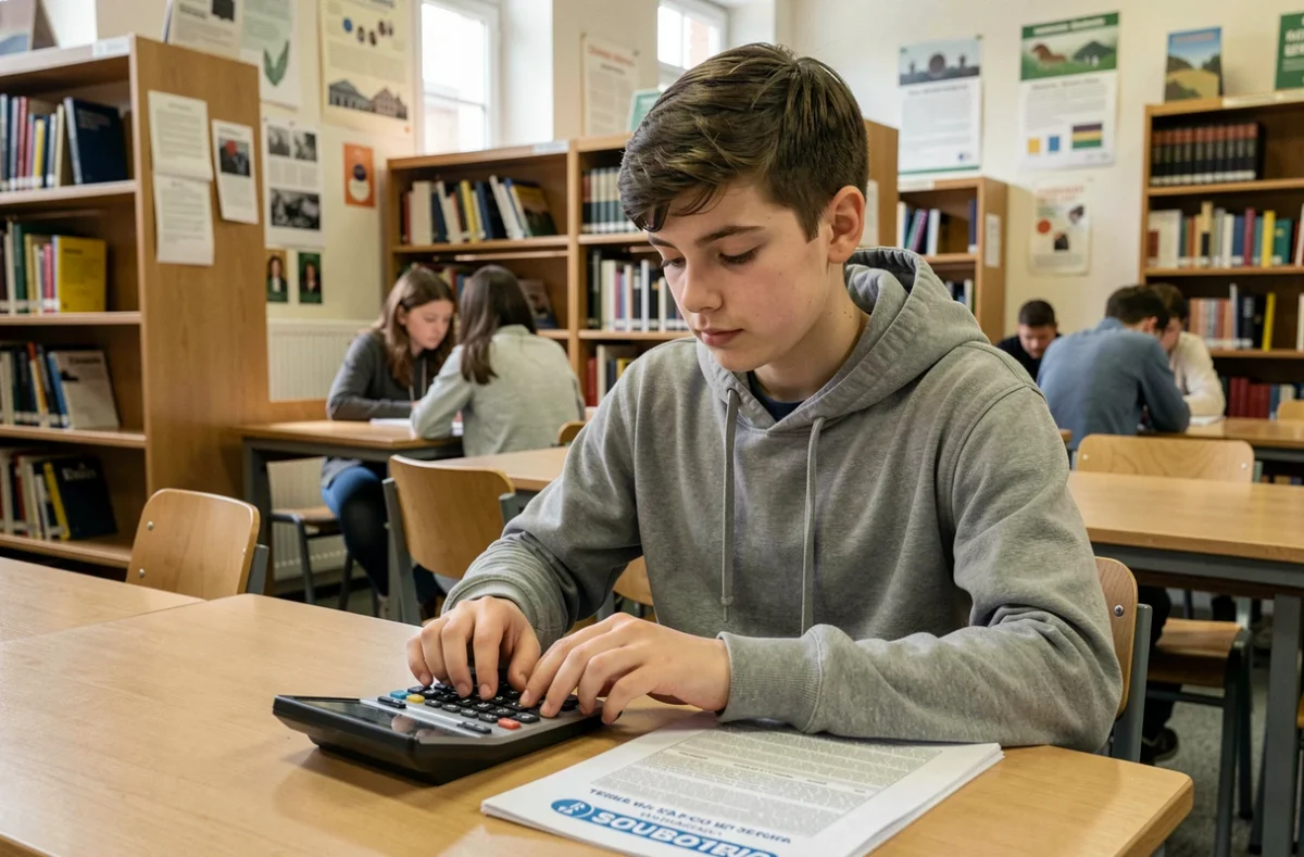 Adolescent consultant son bulletin scolaire avec une calculatrice dans une bibliothèque pour estimer sa moyenne au brevet