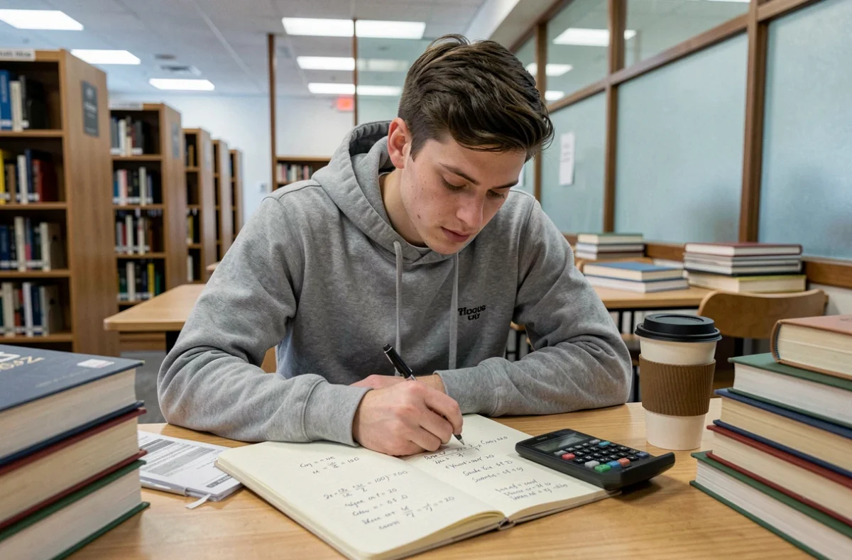 Étudiant calculant la conversion d'une note sur 100 en note sur 20 dans une bibliothèque universitaire