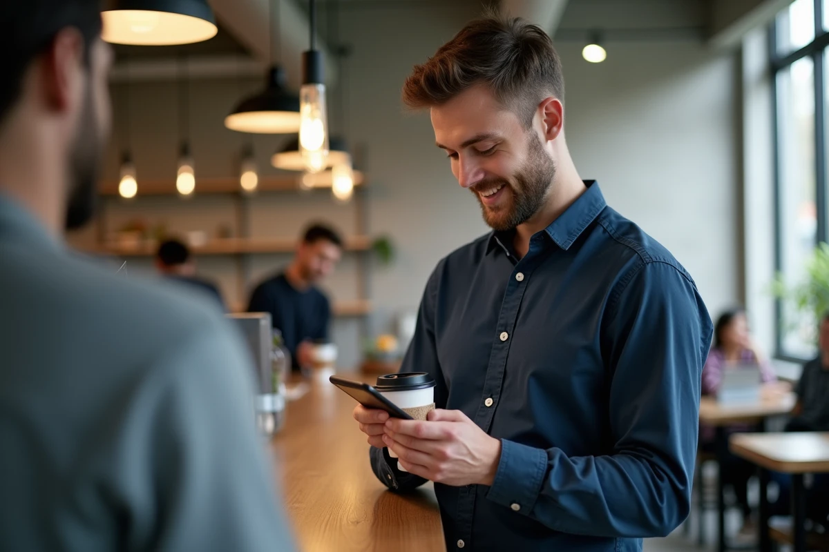 Étudiant consultant son compte bancaire UBS ENT sur smartphone dans un café universitaire moderne