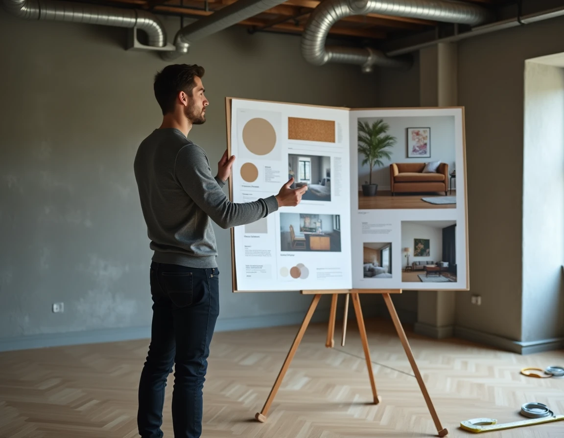 Étudiant en design d'intérieur présentant un mood board dans un appartement en cours de rénovation