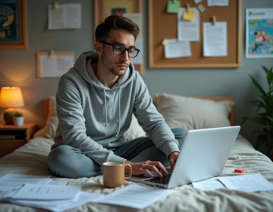Étudiant travaillant sur une dissertation structurée dans sa chambre avec des notes éparpillées