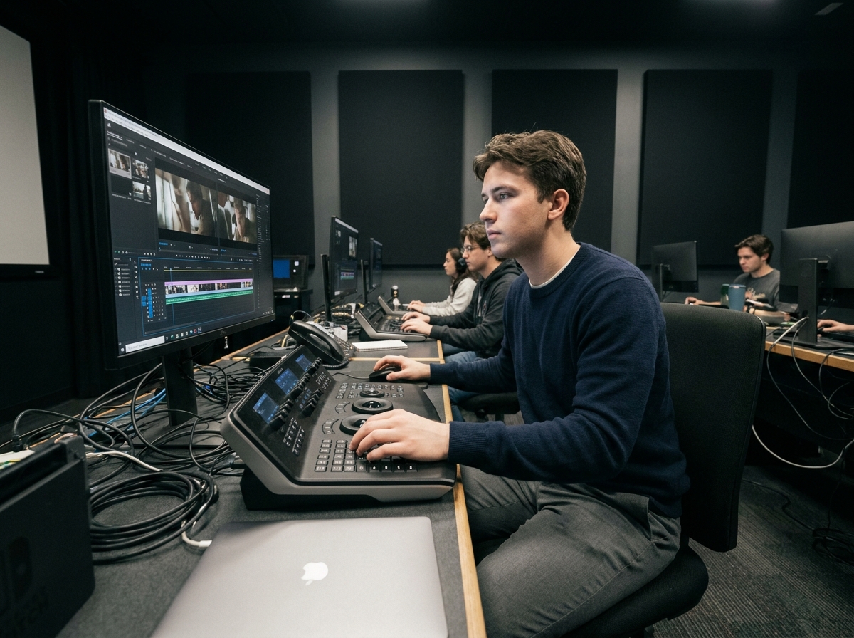Étudiant d'école de cinéma post-bac en train de monter un film sur un logiciel professionnel