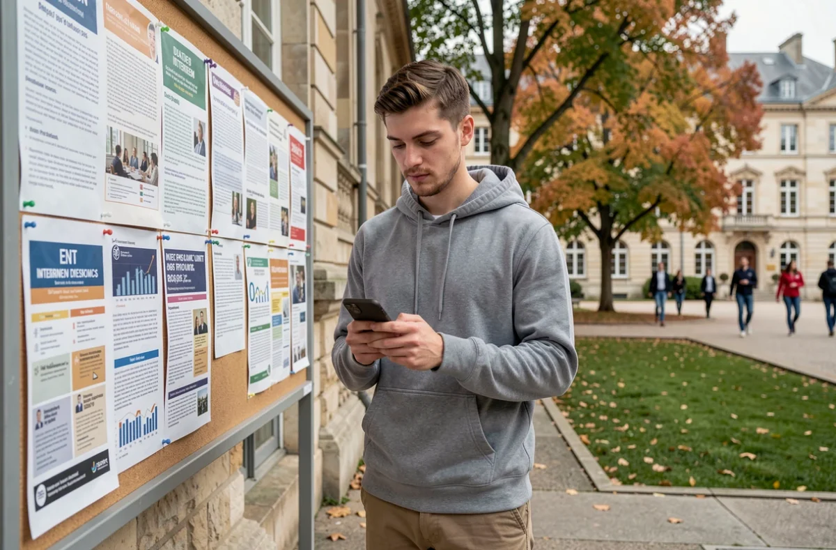 Étudiant consultant l'ENT universitaire sur smartphone pour trouver un job étudiant en alternance sur le campus normand