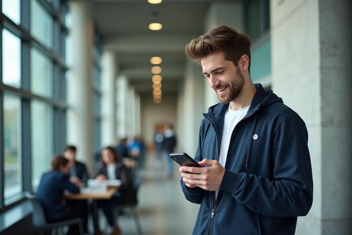 Étudiant consultant sa messagerie universitaire Paris Nanterre sur smartphone dans un espace commun du campus