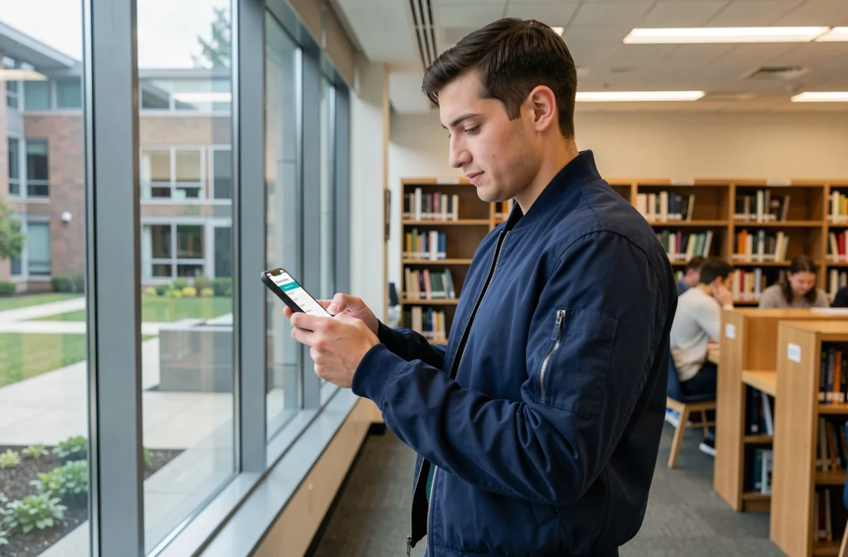Étudiant vérifiant son emploi du temps scolaire sur smartphone dans une bibliothèque universitaire moderne