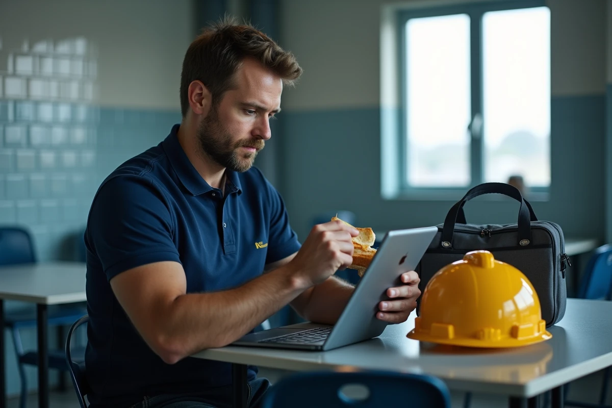 Étudiant salarié qui consulte ses cours en ligne pendant sa pause déjeuner dans une usine à Saint-Nazaire