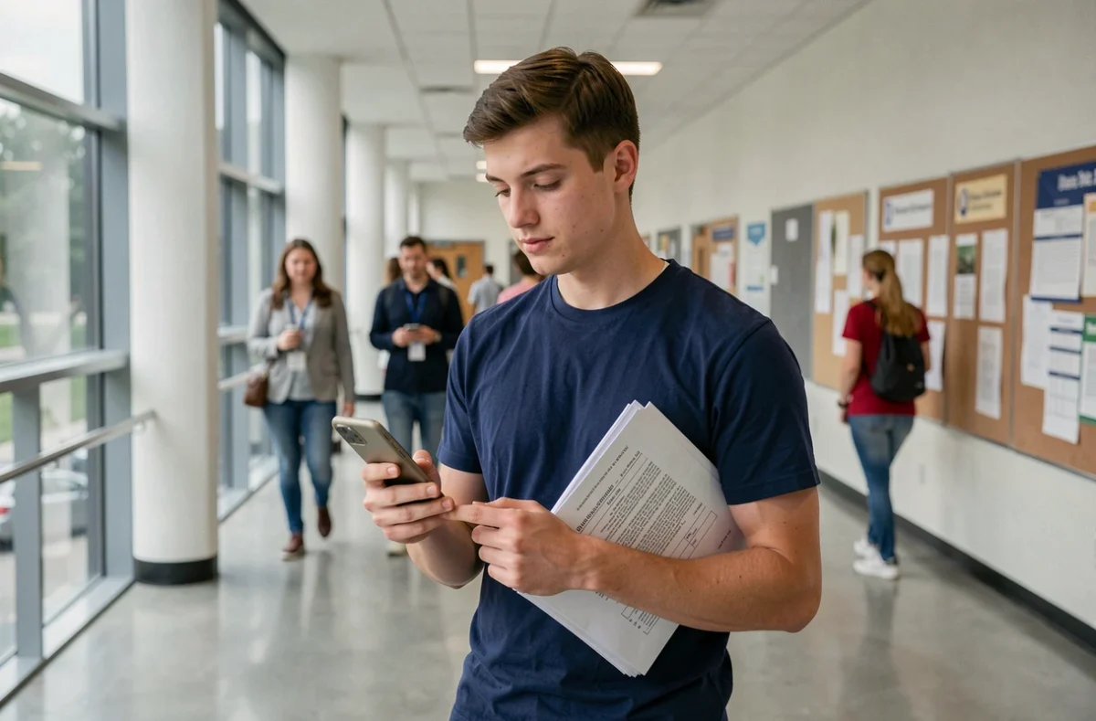 Nouvel étudiant consultant son smartphone pour accéder à l'ENT de Nanterre avec des documents d'inscription en main