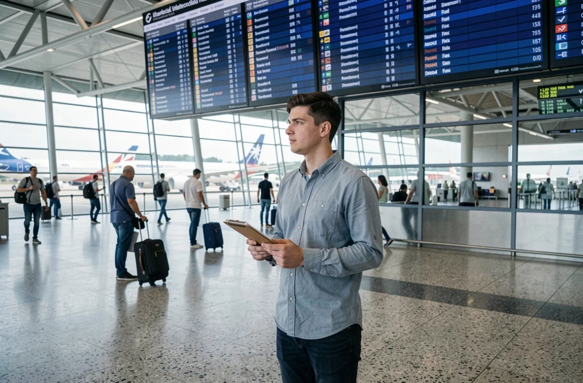 Étudiant en formation tourisme observant un tableau des départs dans un aéroport international lors d'un stage