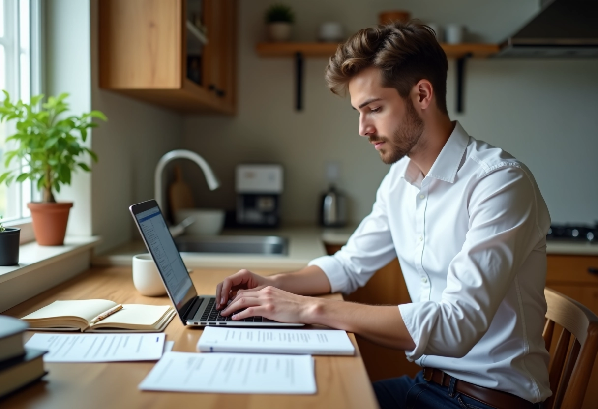 Étudiant en cuisine travaillant sur son ordinateur portable