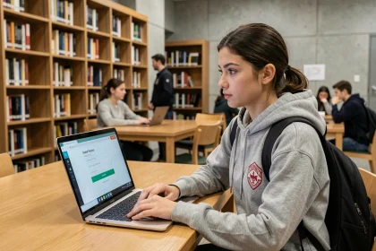 Étudiante connectée à l'ENT de l'université de Nanterre sur son ordinateur portable dans une bibliothèque universitaire moderne