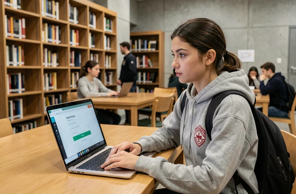 Étudiante connectée à l'ENT de l'université de Nanterre sur son ordinateur portable dans une bibliothèque universitaire moderne