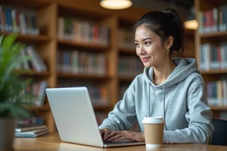 Étudiante connectée à l'ENT Paris Nanterre sur son ordinateur portable dans une bibliothèque universitaire moderne